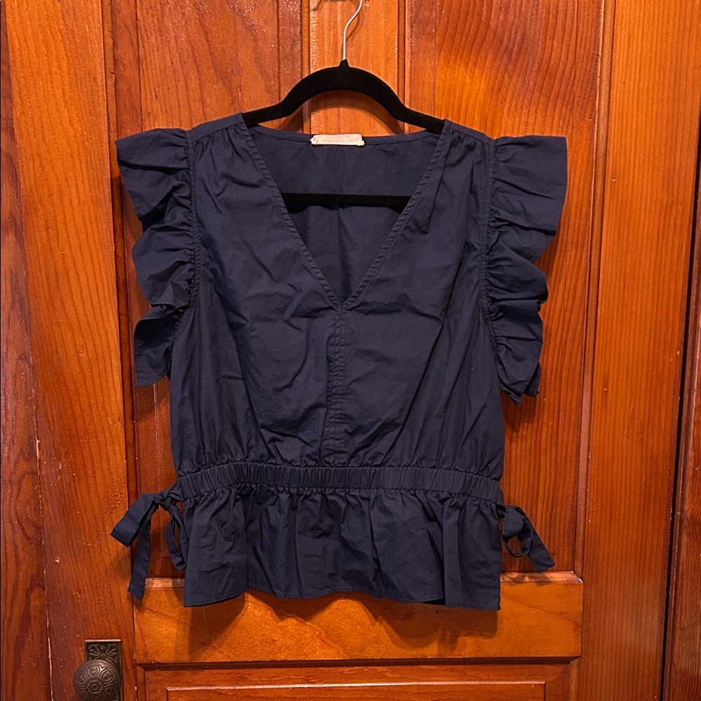 Navy Ruffled V-Neck Top